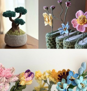 【H23】knit yallow／かぎ針編みの花や盆栽他
